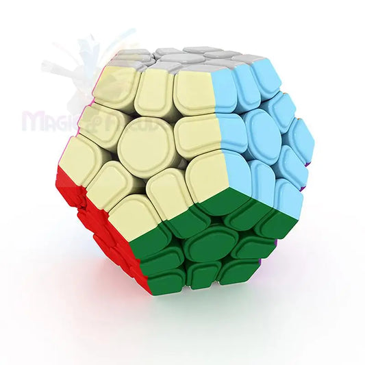 Ein mehrfarbiger Dodekaeder-Puzzle-Würfel mit abgerundeten Teilen.