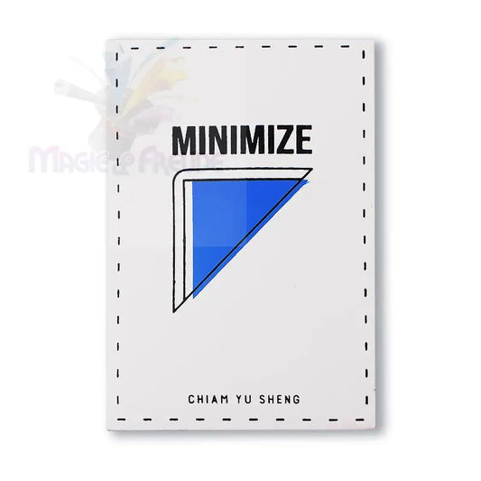 Ein weißes Buch mit einem blauen abstrakten Muster und dem Aufdruck ’MINIMIZE’ auf dem Einband.