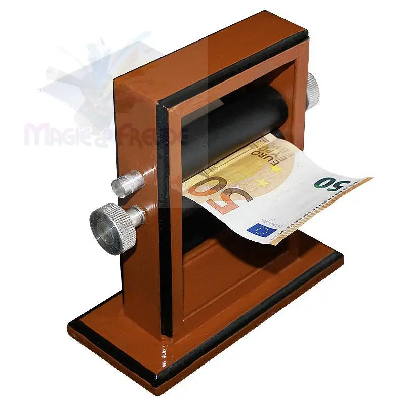 Eine braune Gelddruckmaschine, aus der eine 50-Euro-Banknote herauskommt.