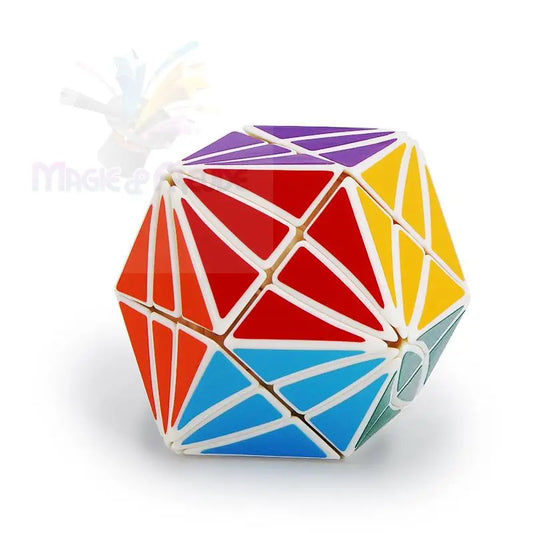 Ein mehrfarbiger Dodekaeder-Puzzle-Würfel mit dreieckigen Facetten.