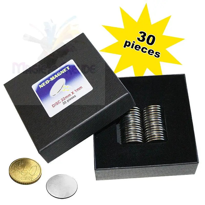 Eine Schachtel mit 30 scheibenförmigen Neo-Magneten, jeder 22mm x 1mm.