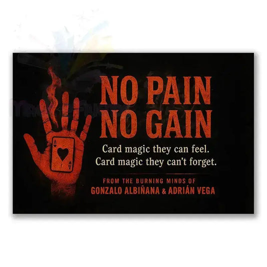 Zaubertrick Poster mit roter Hand, Spielkarte und Text No Pain No Gain, Kartentricks Magie