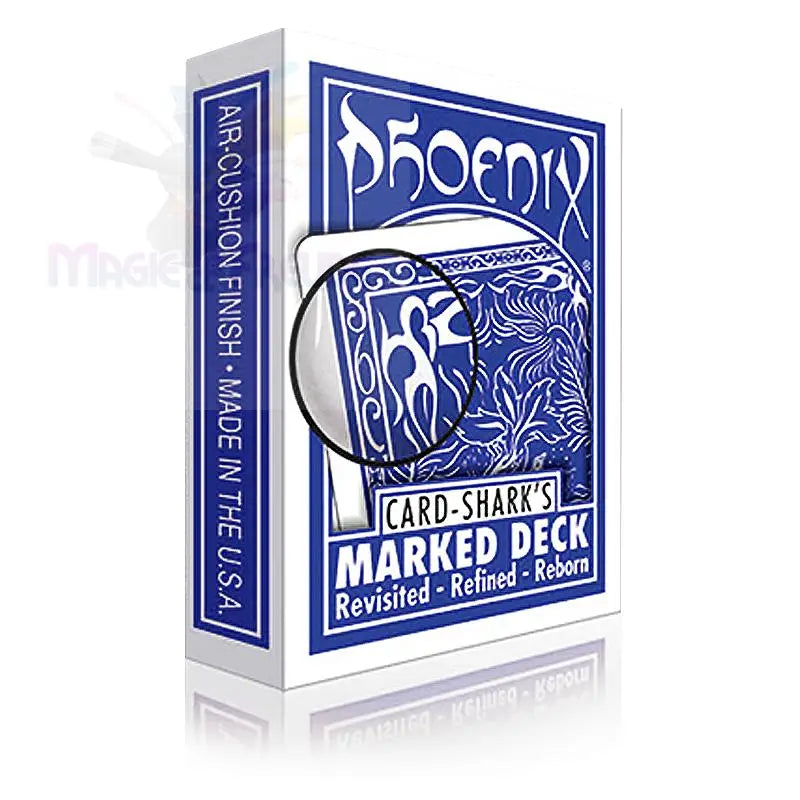 Ein blaues Kartenspiel der Marke Phoenix mit einer ’Luftkissenoberfläche’ und einem ’markierten Deck’-Design.