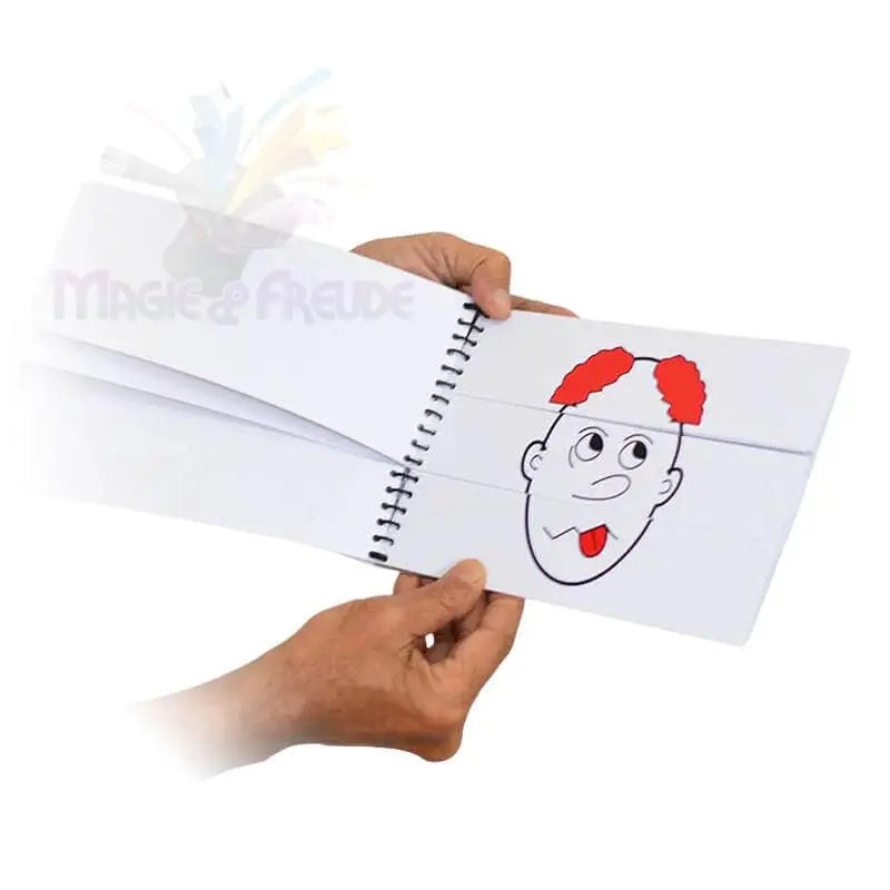 Prediction Sketch Book showing a magician's pad with colorful facial expressions and funny hat designs.