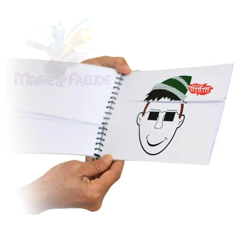 Prediction Sketch Book displayed with a hand showing a playful face illustration and hat design.