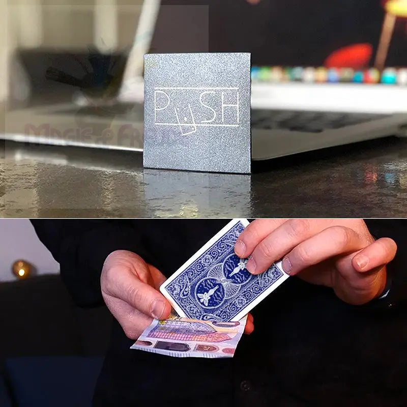 Eine rechteckige, glitzernde graue Schachtel, auf deren Vorderseite das Wort ’PUSH’ aufgedruckt ist.