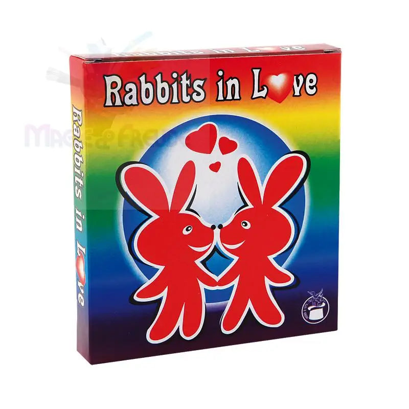 Eine bunte Schachtel ’Rabbits in Love’ mit zwei roten Hasen und Herzen.