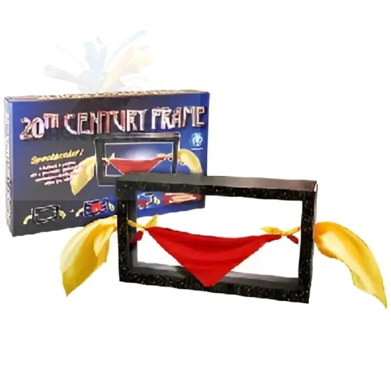 Ein Zaubertrickrequisit mit einem rechteckigen Rahmen, in dem ein rotes Taschentuch zwischen zwei gelben Tüchern erscheint.