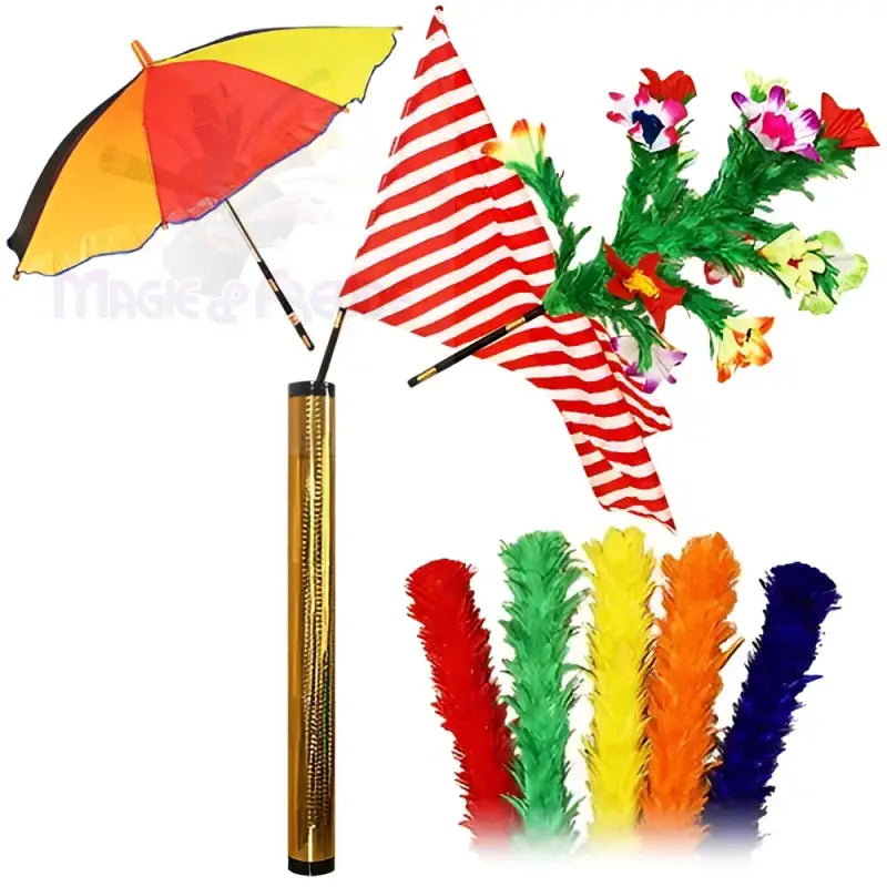 Eine Reihe von magischen Requisiten, darunter ein farbwechselnder Regenschirm, eine Fahne, ein Blumenbouquet und bunte Federbüschel, die alle aus einer goldenen Röhre herauskommen.