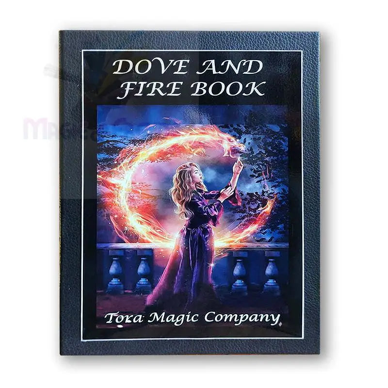 Buch zum Thema Magie mit schwarzem Rand und einer zentralen Illustration einer Frau mit feuriger Aura und einer Taube.