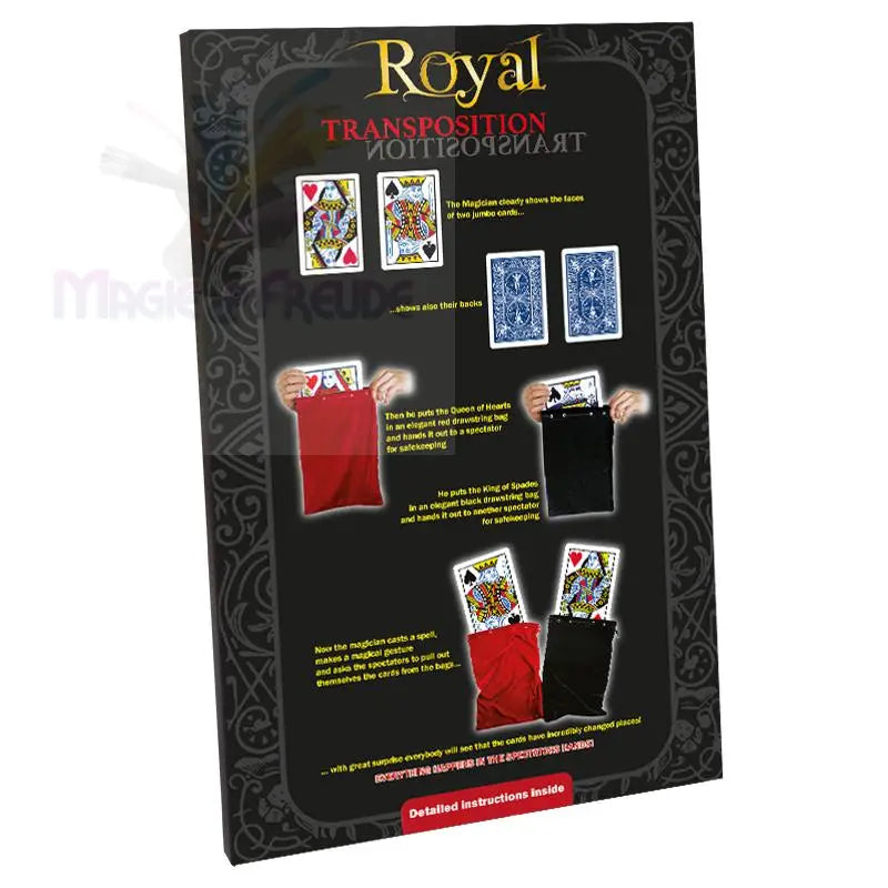 Zaubertrickpaket für ’Royal Transposition’ mit Spielkarten und Taschen.