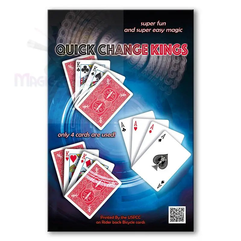 Ein Werbeplakat für einen Zaubertrick namens ’Quick Change Kings’, bei dem Spielkarten zum Einsatz kommen.