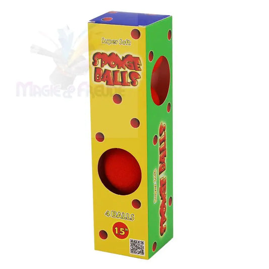 Eine hohe, rechteckige Schachtel mit vier roten ’Super Soft Sponge Balls’, die einen Durchmesser von 1,5 Zoll haben.