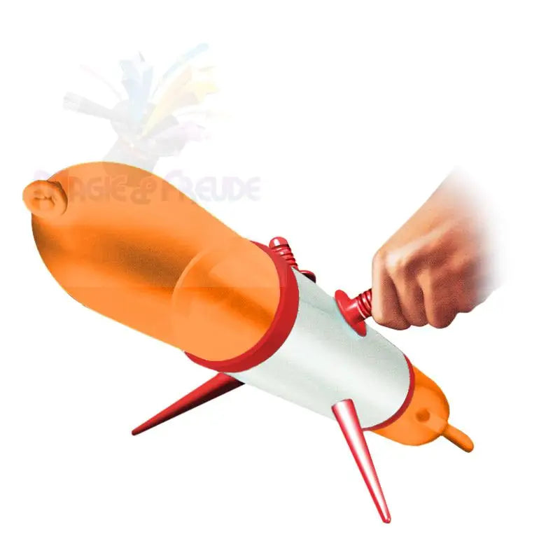 Eine orange-weiße Luftballonpumpe in Form einer Rakete mit roten Flossen, die von einer Hand gehalten wird.