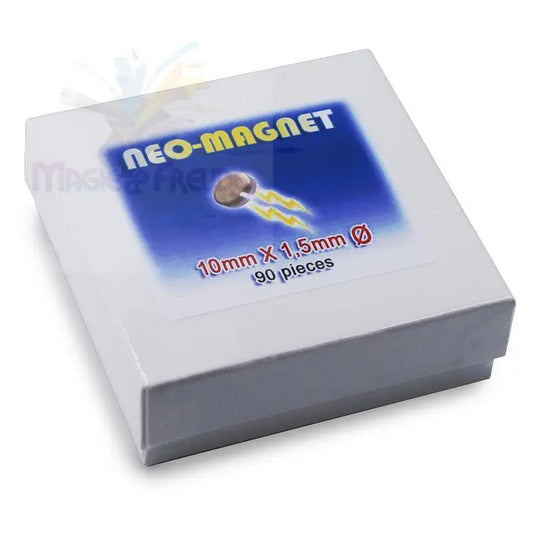 Eine weiße rechteckige Schachtel mit 90 Stück 10mm x 1,5mm Neodym-Magneten.