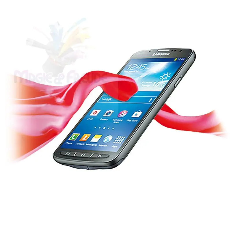 Ein schwarzes Samsung-Smartphone mit einer roten Schleife.