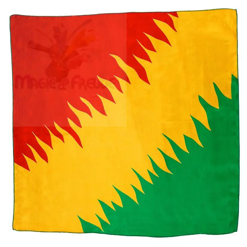 Ein quadratischer Stoff mit einem wellenförmigen Diagonalmuster in Rot, Gelb und Grün.