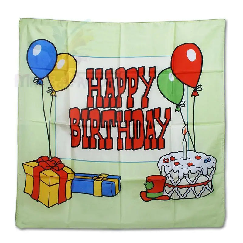 Ein hellgrünes Happy-Birthday-Banner mit Luftballons, Geschenken und einem Kuchen.
