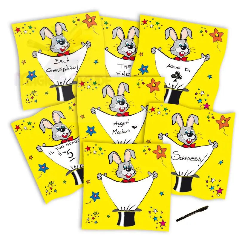 Set mit gelben Zaubertrickkarten zum Thema Kaninchen.