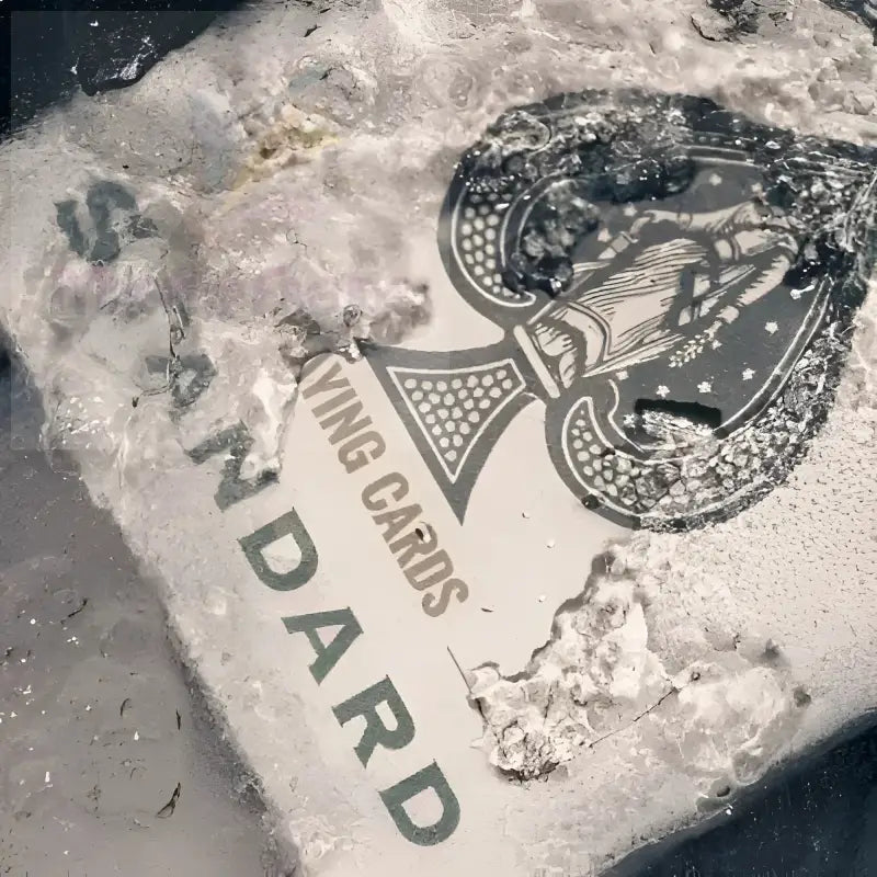 Eine beschädigte, teilweise gefrorene Schachtel mit Spielkarten.