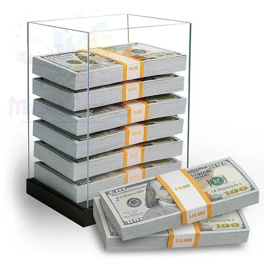 Zaubertrick Requisite: Geldbündel aus Spielgeld in glasklarer Box, realistische Optik