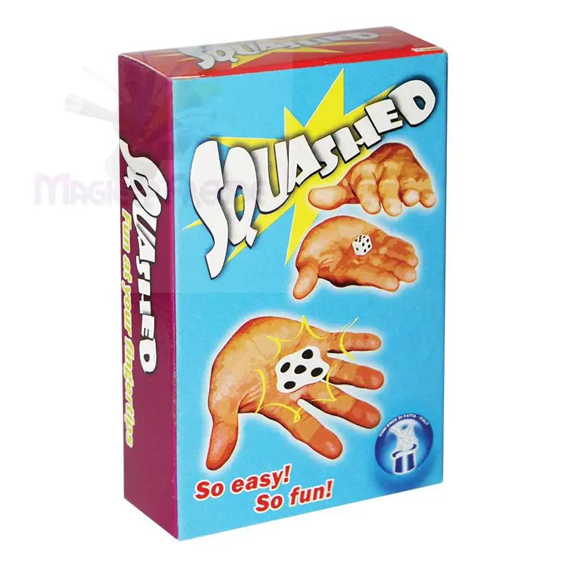 Blauer und roter ’Squashed’-Zaubertrickkasten mit einer Illustration einer Hand und eines Würfels.