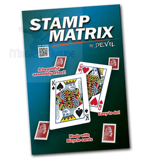 Zaubertrick-Verpackung mit Spielkarten und Briefmarken.