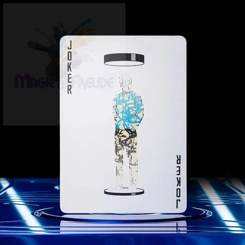 Eine weiße Spielkarte mit einer stilisierten, abstrakten Darstellung einer Person.