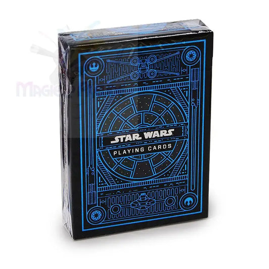 Eingeschrumpfte Star Wars Spielkarten in einer schwarz-blauen Schachtel.