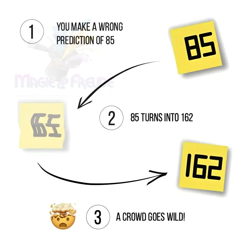 Ein Diagramm, das eine numerische Vorhersage veranschaulicht, die sich in eine andere Zahl verwandelt, mit einem Emoji, das die Reaktion einer Menschenmenge darstellt.