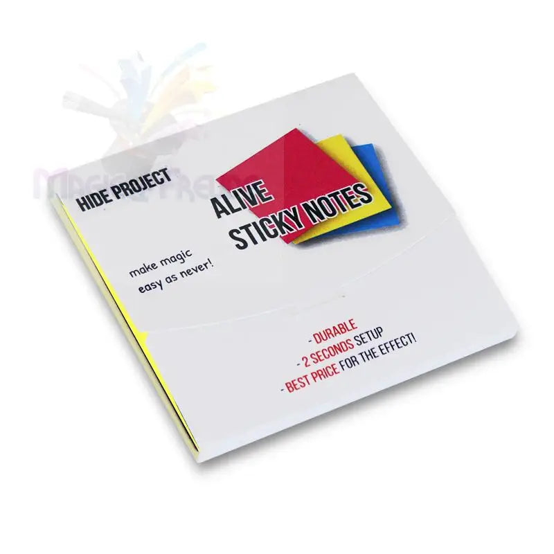 Eine weiße Papierhülle für ’Alive Sticky Notes’ mit roten, gelben und blauen Haftnotizen.