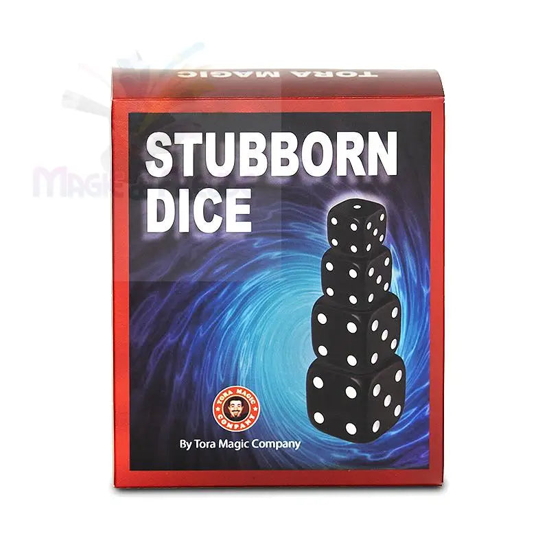 Eine rot-schwarze Schachtel für den Zaubertrick ’Stubborn Dice’ mit einem Stapel von vier schwarzen Würfeln mit weißen Kernen.