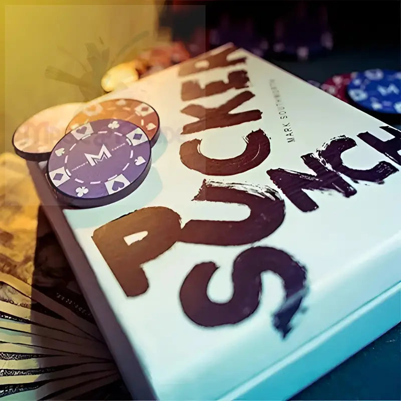 Ein weißes Buch mit dunkler, pinselstrichartiger Schrift und drei darauf ruhenden Pokerchips.