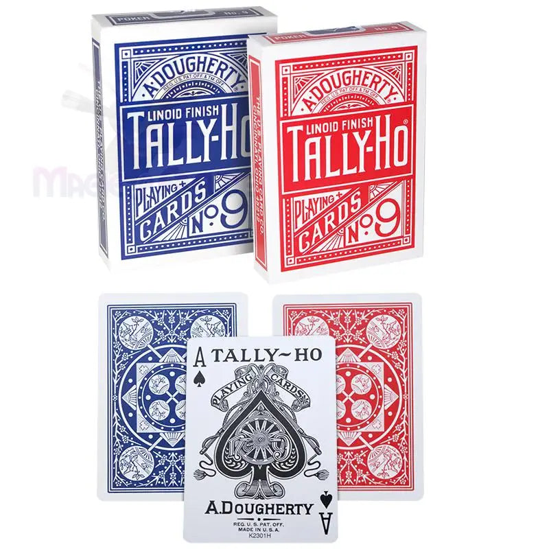 Zwei Decks von Tally-Ho No. 9 Spielkarten, eine blaue und eine rote, mit entsprechenden Kartenrückseiten und einem Pik-Ass.