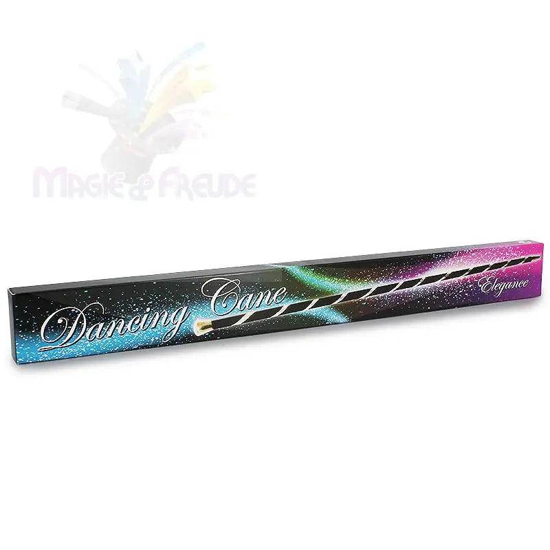 Eine schlanke, rechteckige Schachtel mit einem farbenfrohen, glitzernden Design und den Aufschriften ’Dancing Cane’ und ’Elegance’, die an ein Zaubertrick-Requisit erinnern.