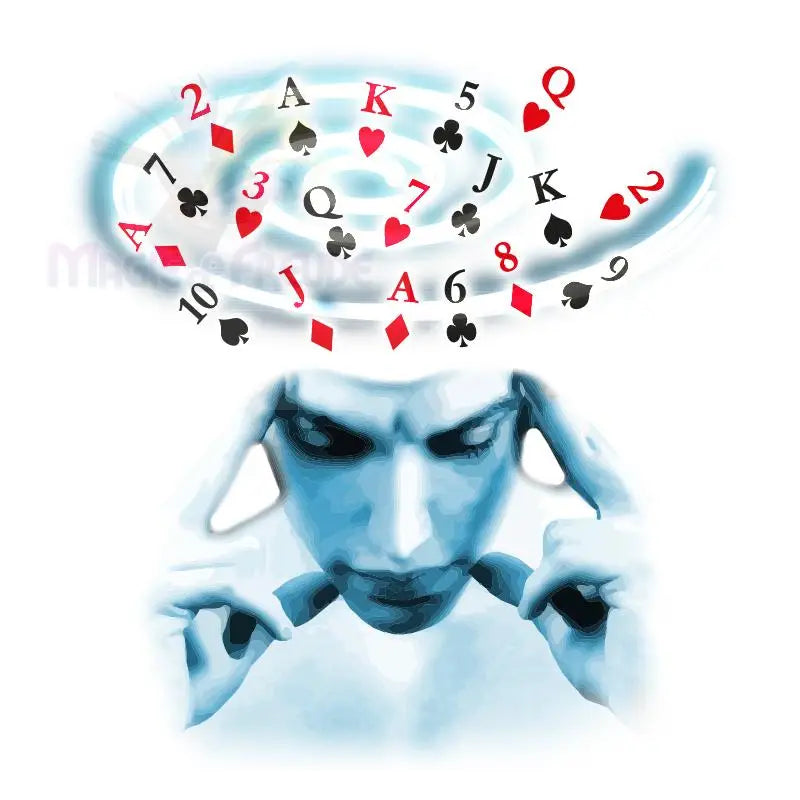 Der Kopf einer Person, über dem Spielkarten wirbeln, suggeriert Gedanken über Glücksspiel oder Strategie.