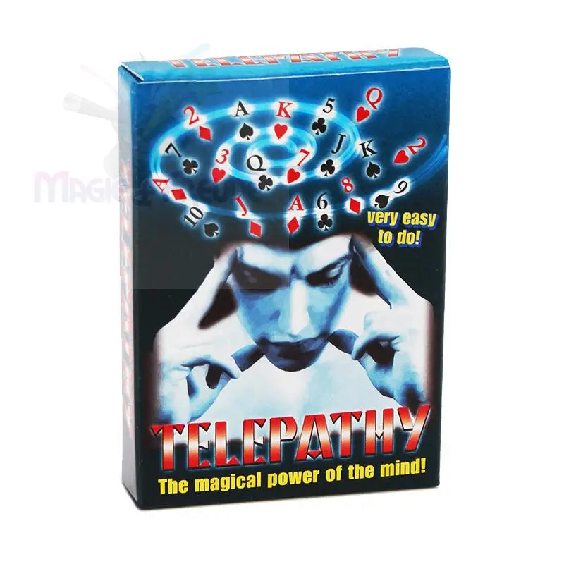 Zaubertrickbox zum Thema Telepathie mit Spielkartenbildern und einer Person, die ihren Verstand zu benutzen scheint.