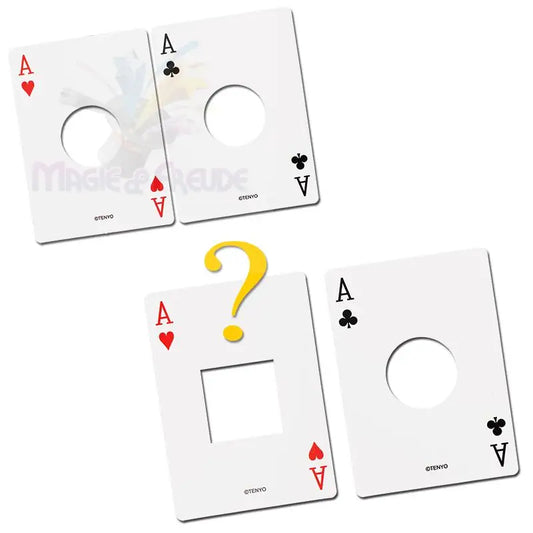 Ein Satz von vier weißen spielkartenähnlichen Teilen, zwei mit kreisförmigen Ausschnitten und einer mit einem quadratischen Ausschnitt.
