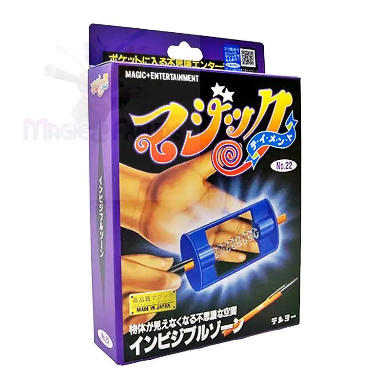 Ein Zaubertrickset mit der Illusion der ’unsichtbaren Zone’, bei der ein Gegenstand zu verschwinden scheint, wenn er durch einen blauen Zylinder geführt wird.