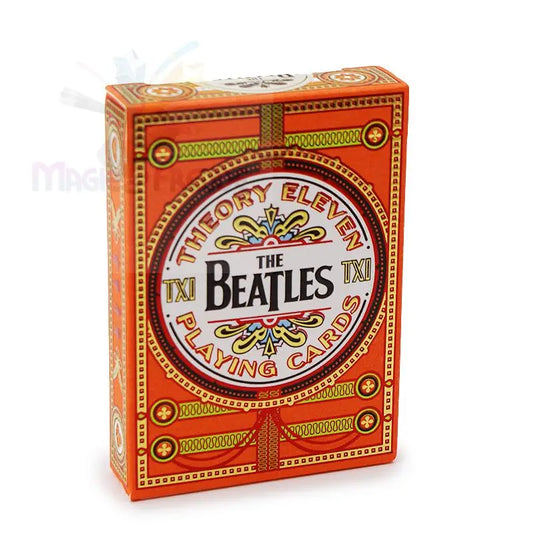 Ein orangefarbenes Spiel mit Spielkarten der Beatles.