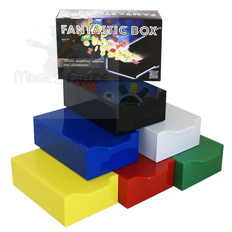 Ein Satz bunter, rechteckiger Kunststoffboxen mit einer Verpackung der Marke ’Fantastic Box’.