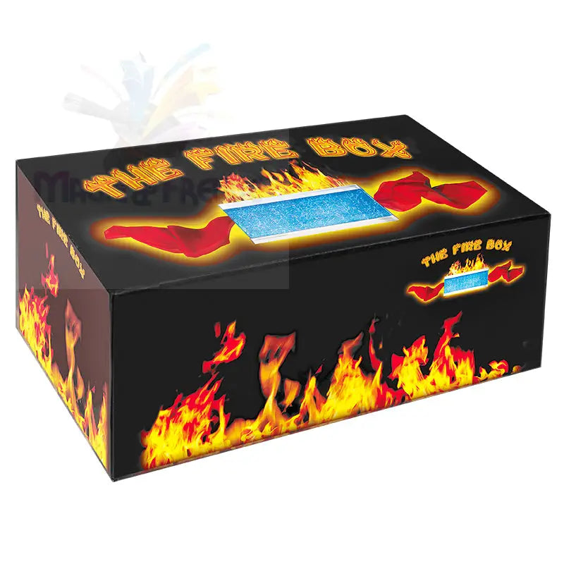 Schwarze Schachtel mit einem Feuermotiv und einer blauen rechteckigen Öffnung auf der Oberseite.