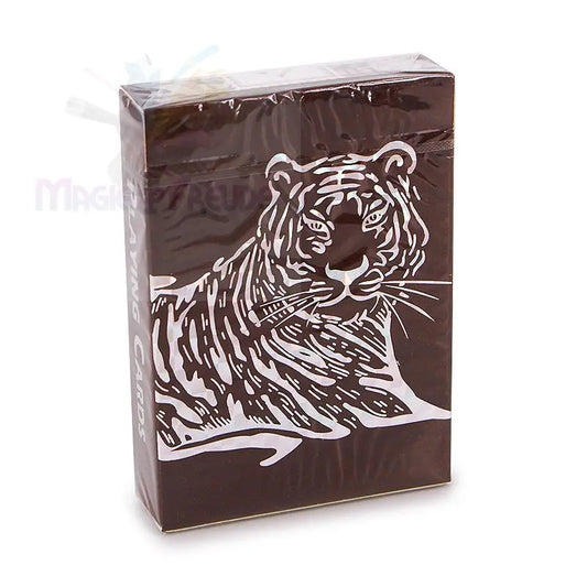 Braune Spielkarten mit einem weißen Tigermotiv.