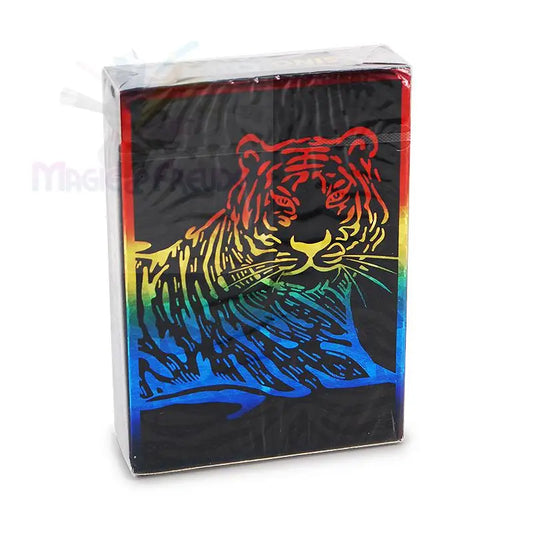 Ein Spielkartenset mit einem bunten Tigermotiv.