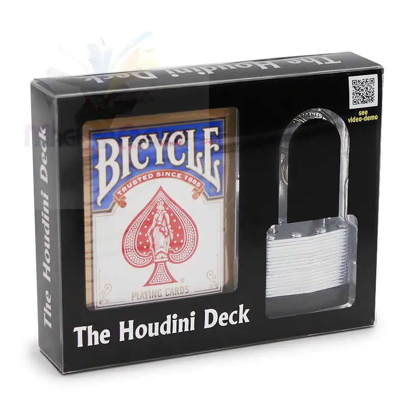 Ein Zaubertrickset der Marke Bicycle ’The Houdini Deck’ mit einem Kartenspiel und einem durchsichtigen Plastikvorhängeschloss.