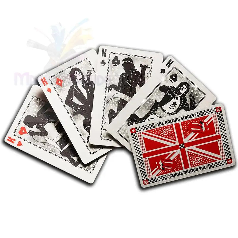 Ein gefächertes Kartenspiel mit Rolling Stones-Motiven.