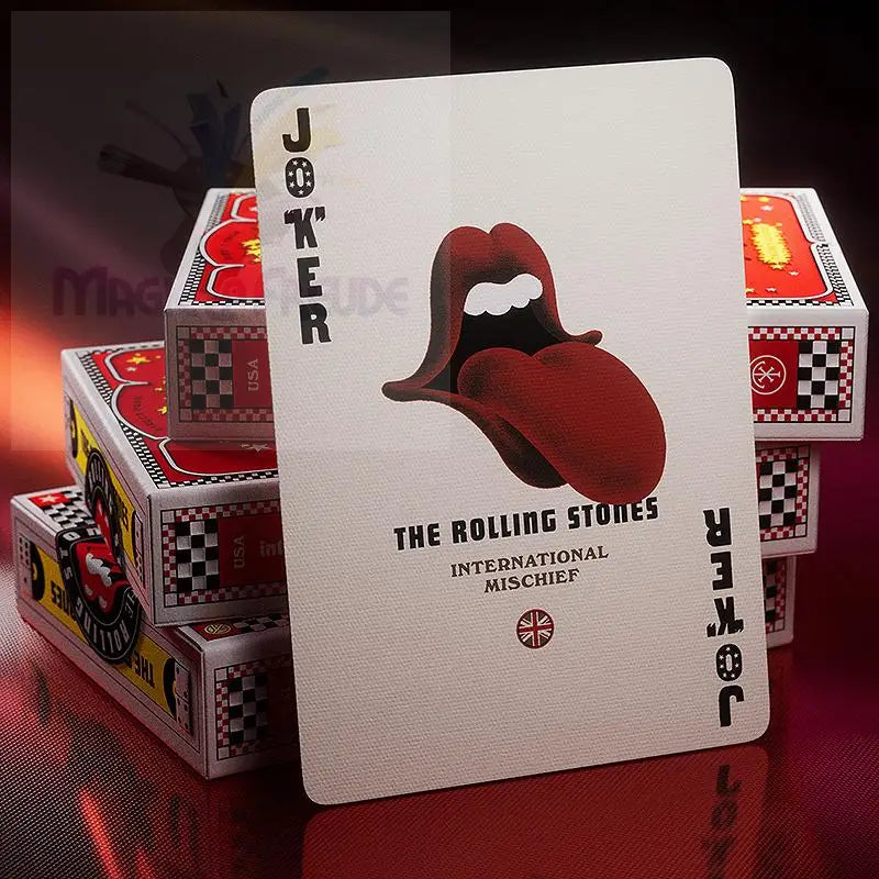 Eine weiße Spielkarte mit dem Zungen- und Lippen-Logo der Rolling Stones.