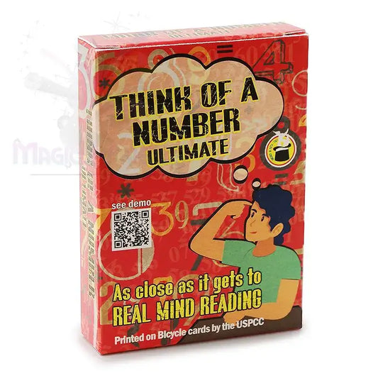 Zaubertrick-Kartenspiel Think of a Number Ultimate, bunte Verpackung mit nachdenklicher Figur