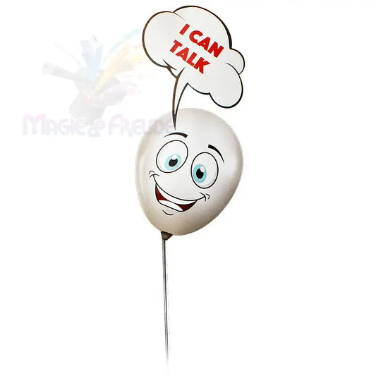 Ein weißer Ballon mit einem fröhlichen Gesicht und einer Sprechblase mit der Aufschrift ’I CAN TALK’.