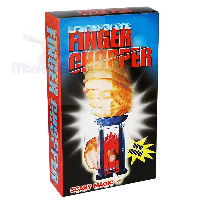 Ein neuartiger Zaubertrickkasten für einen ’transparenten Fingerzerkleinerer’, der eine Hand zeigt, die das Gerät scheinbar benutzt.